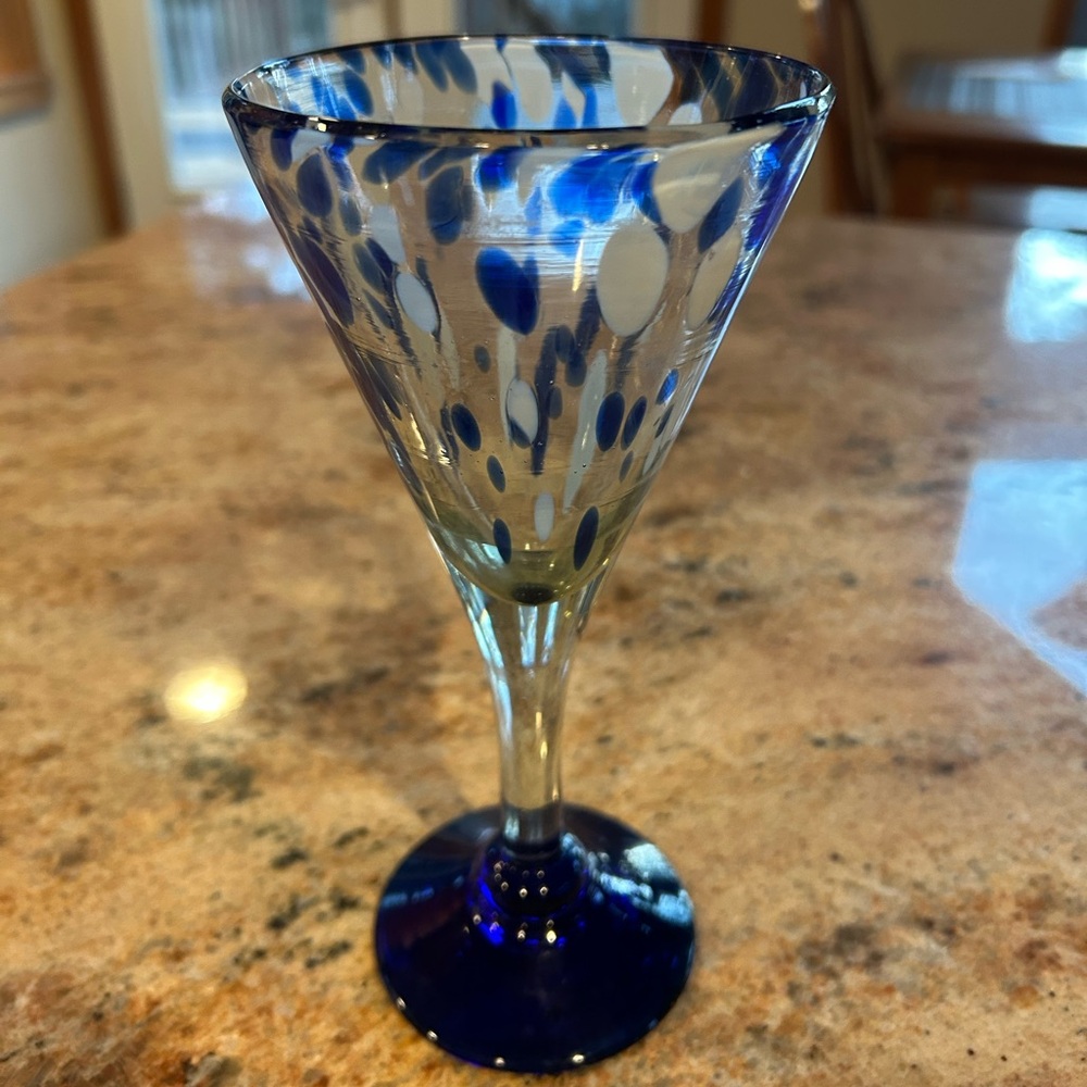 Martini Glass Cobalt Blue & White Hand Blown Mexican Glass 8” tall NWOT